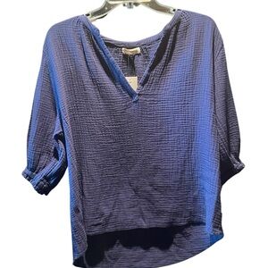 Blue cotton gauzy top with puff sleeves